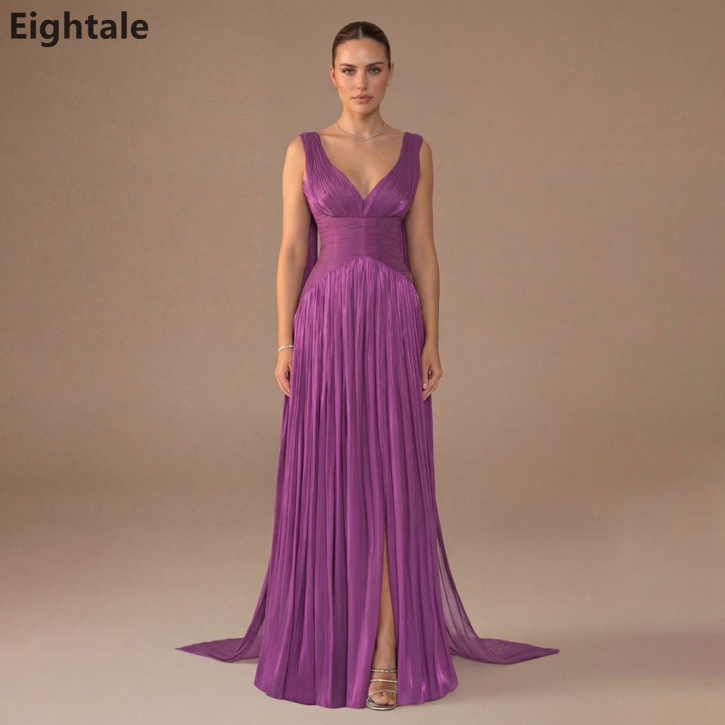 Eightale 2026 マキシイブニングドレス女性のためのメタリックシフォンシャーリング V ネックウエディングドレスパーティードレスカスタマイズ