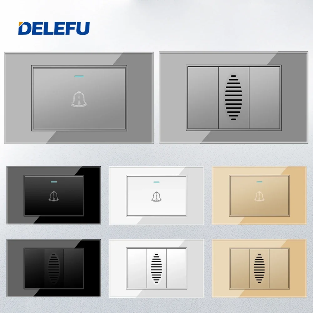 DELEFU 強化ガラスパネルブラジル標準スイッチソケット 118*72mm10A 20A ドアベルスイッチドアベルディンドングレーブラックホワイトゴー