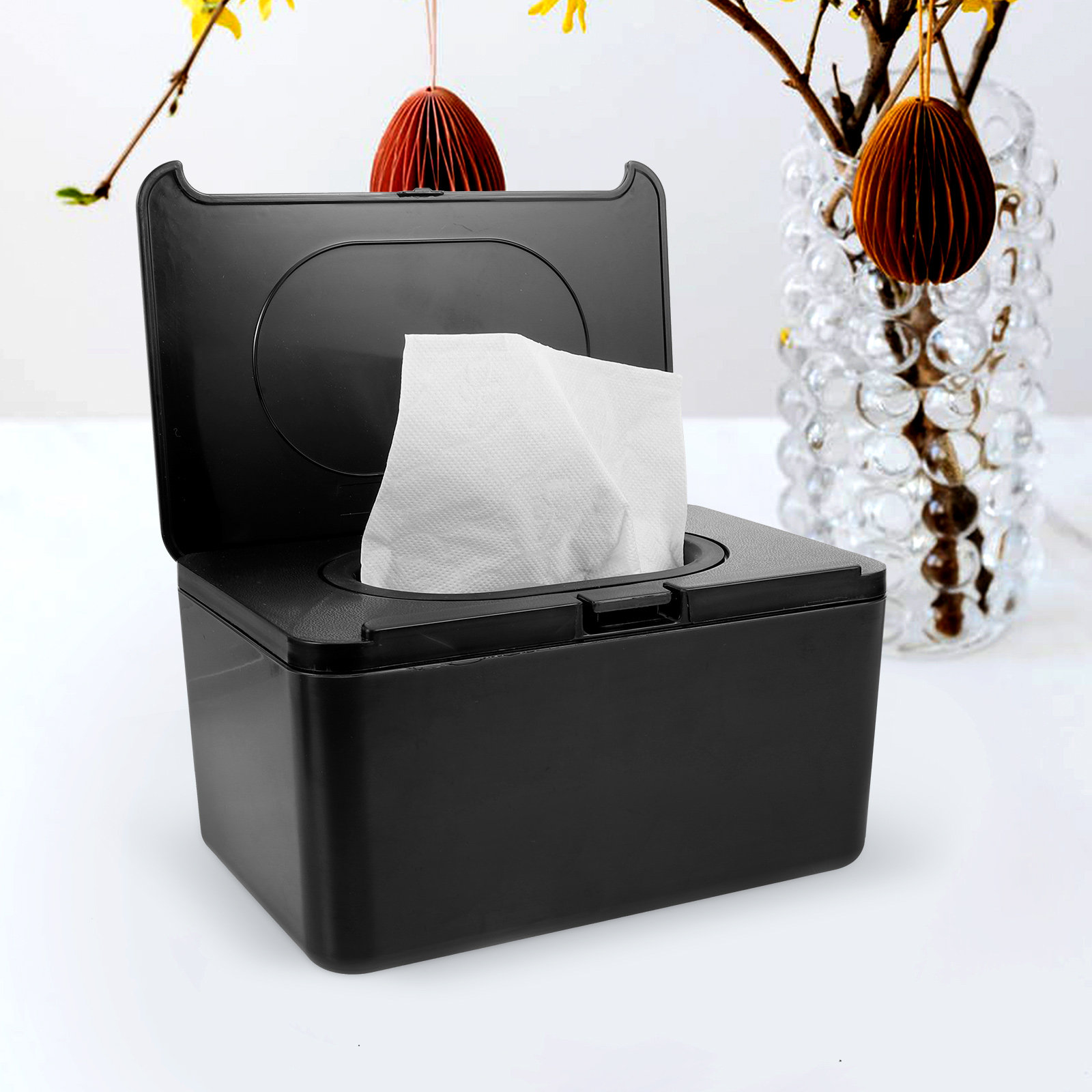 黒のプラスチックティッシュボックスカバー長方形デスクトップナプキンホルダーオフィスリビングルームおむつワイプディスペンサーティッシュ収納ボックス