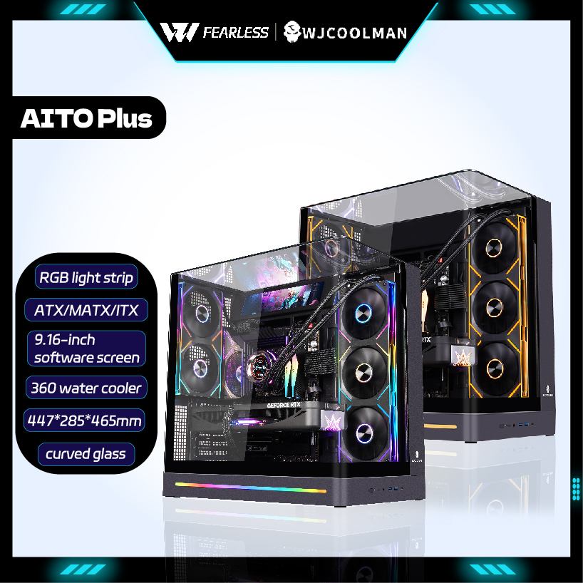 WJCOOLMAN AITO Plus ATX PC ゲーマーケース 9.16 インチスクリーン RGB ライトストリップ 360 ウォータークーラー曲面ガラスシービュールームコンピュータケース