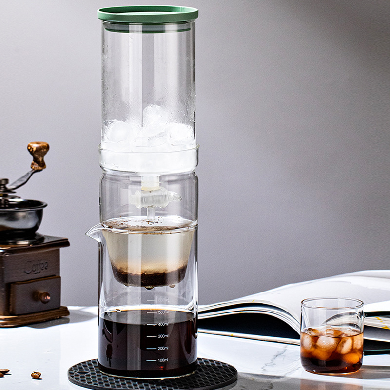 600ml 水出しコーヒーメーカー ガラスドリップフィルター アイスドロップコーヒーブリューポット シェアリングポットセット スプーン、パッド、フィルター紙100枚付き