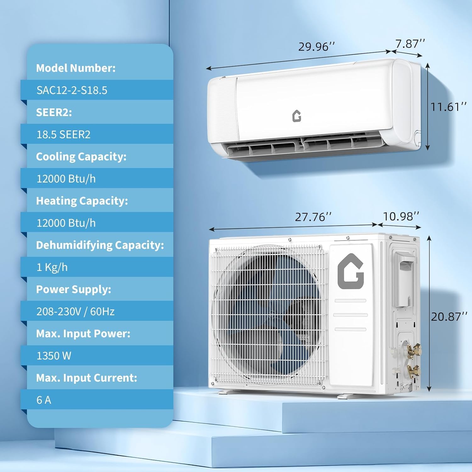 米国発送 12000 BTU ミニ スプリット エアコンとヒーター 18.5 SEER2 ヒートポンプ WiFi 壁取り付けユニット、最大 750 平方フィート用