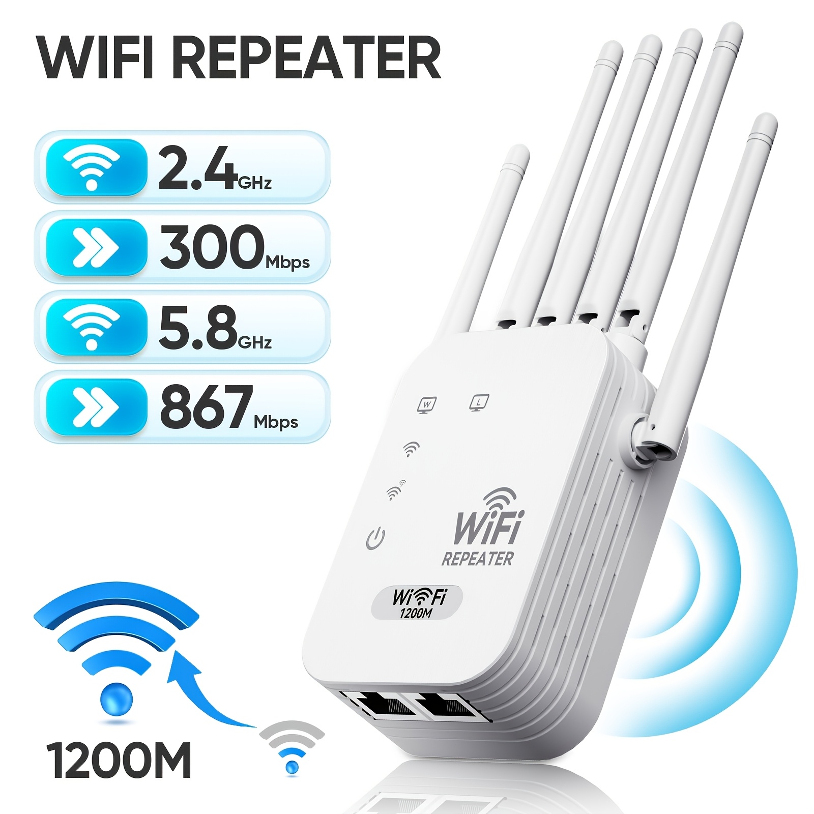 Wi-Fi 6 デュアルバンド 2.4G/5GHz 1200Mbps シグナルブースター 6 アンテナ コンパクト WiFi アンプ ワイドカバレッジ スマートルーターと互換性あり