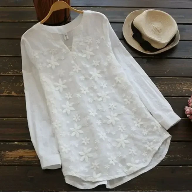 2024 夏秋ホットブラウス女性レース長袖トップス V ネック刺繍ルーズプラスサイズ S-5XL エレガントなシャツ Blusas 女性