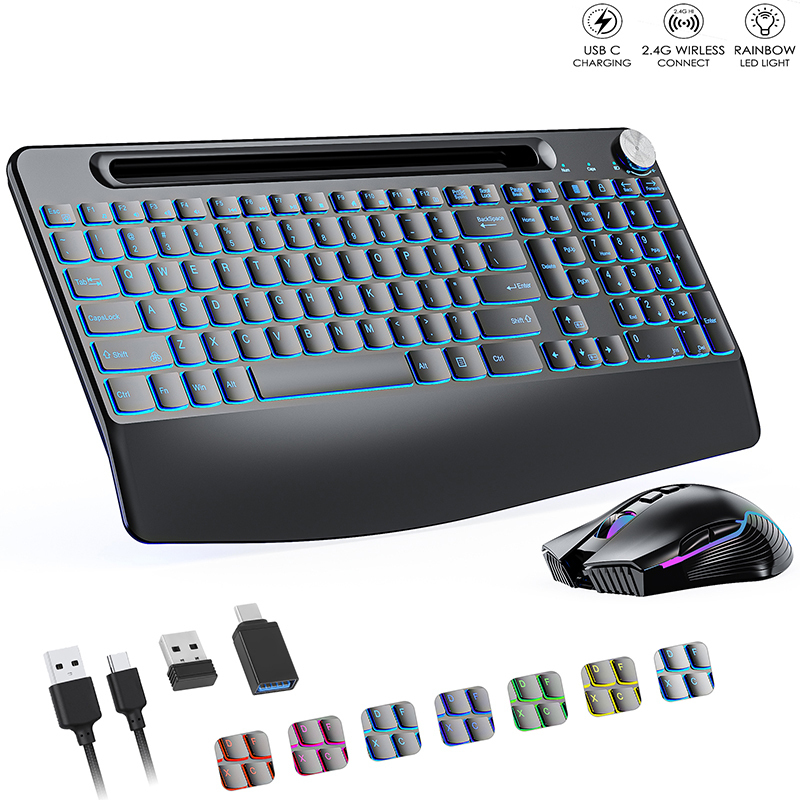 人間工学に基づいた 2.4 グラムワイヤレス充電式キーボードマウスセットラップトップ用カラーバックライト付き電話ホルダーリストレストとジグラーマウス付き