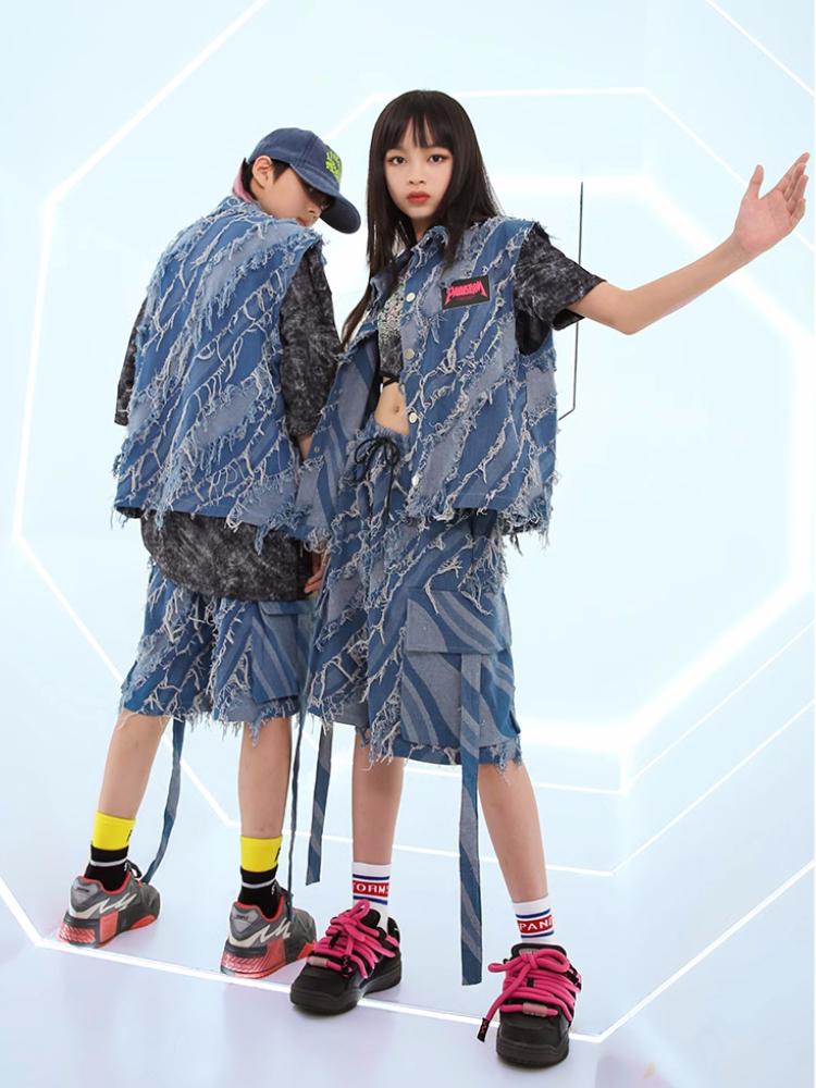 新しいヒップホップストリートダンスの服子供のためのブルーデニムベストショーツ Tシャツ少年少女ジャズパフォーマンス衣装ティーンステージ衣装