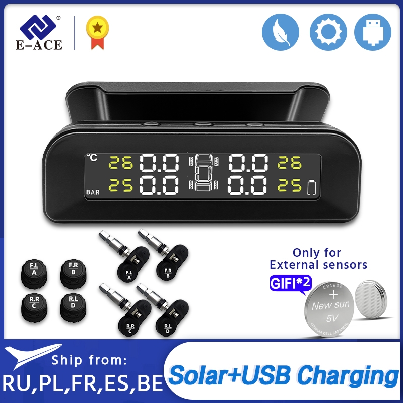 E-ACE K07 TPMS ソーラーセンサーインテリジェンスワイヤレスタイヤ空気圧監視システム温度警告 4 つのセンサー付き