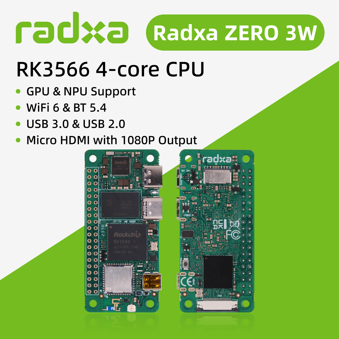 Radxa ZERO 3W RK3566 4 コア CPU SBC、GPU、NPU、1080P 出力付き HDMI、および WiFi 6