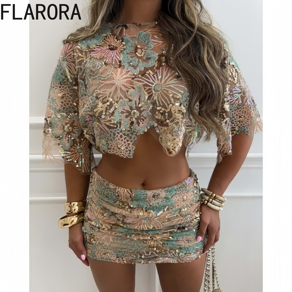 FLARORA 高級刺繍スパンコール付き 2 個セット女性 O ネック半袖不規則なクロップトップとスカートセットパーティークラブウェア衣装