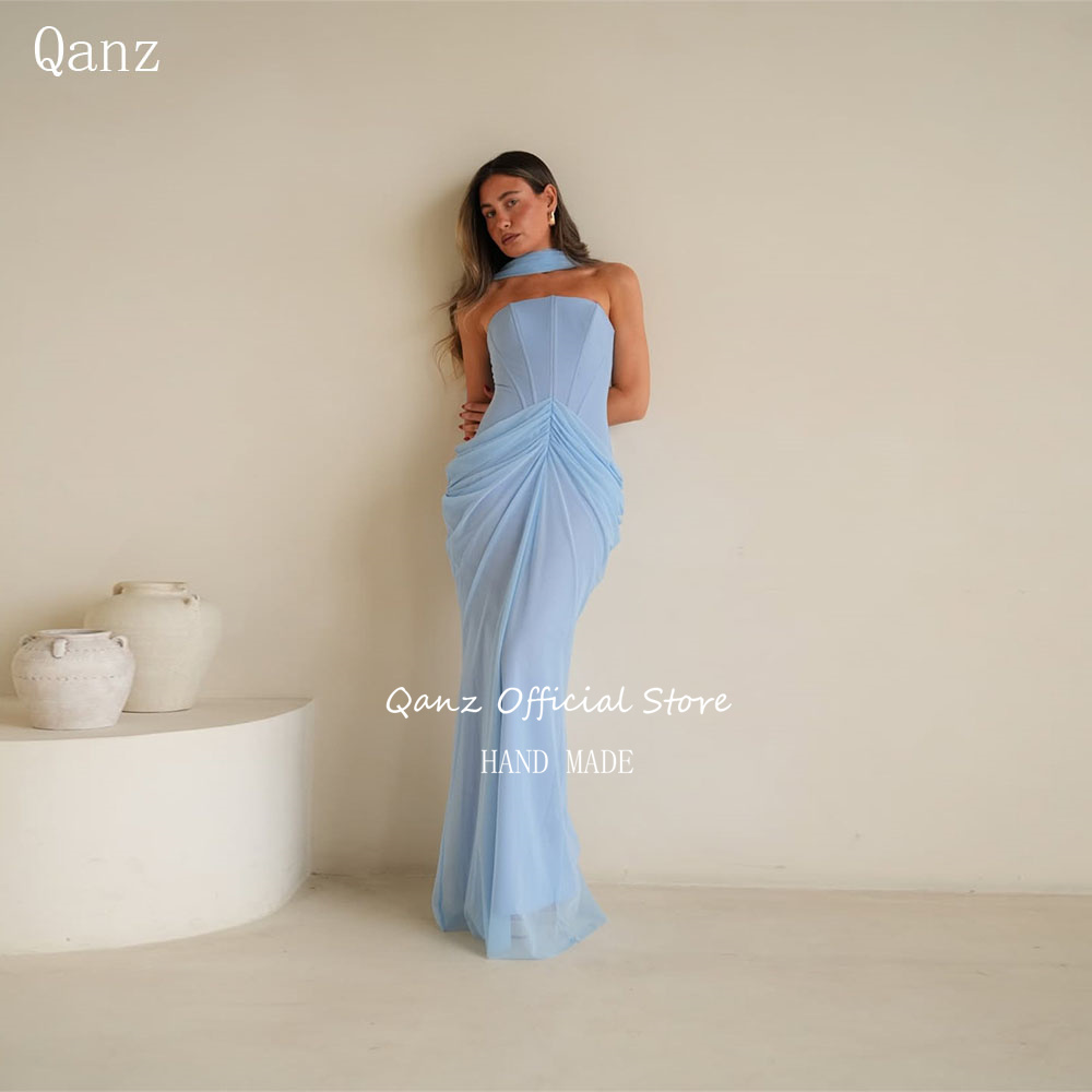 Qanz エレガントなライトブルーのイブニングドレスマーメイドストラップレスフォーマルドレス女性バックル女性のウェディングパーティーの服装カスタマイズ