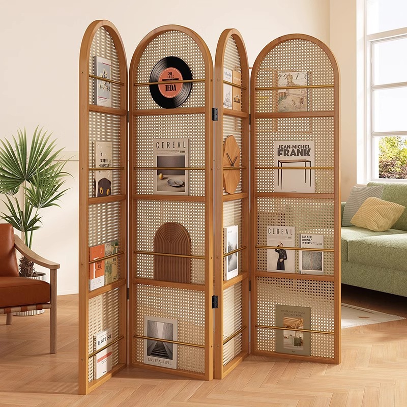 LH Chinese-style living room folding rattan screen wabi-sabi porch retro partition blocking bookshelf
