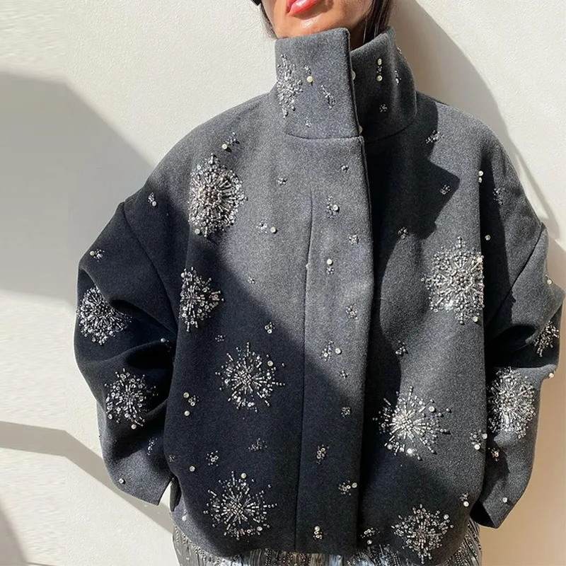 カジュアル刺繍ストリートルーズ女性のジャケットフリップカラーバットスリーブソリッドカラーウール混紡ジャケット 2025 新しい女性の春 Ja