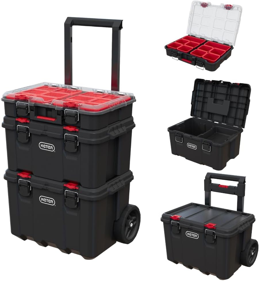 Keter スタックアンドロールモジュラーツールオーガナイザー ガレージ保管やDIY用 3ピース樹脂製ローリングツールボックスシステム 小型部品用