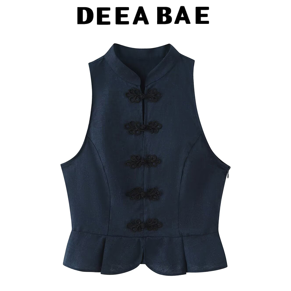 DEEABAE 女性の夏の新製品ファッショナブルな気質ノースリーブハイネック新中国風ウエスト絞りトップベスト