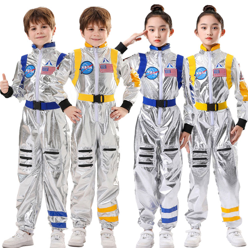 宇宙飛行士コスチューム子供宇宙飛行士シルバージャンプスーツ宇宙テーマパーティードレスアップ少年少女宇宙飛行士コスプレ子供宇宙スーツ