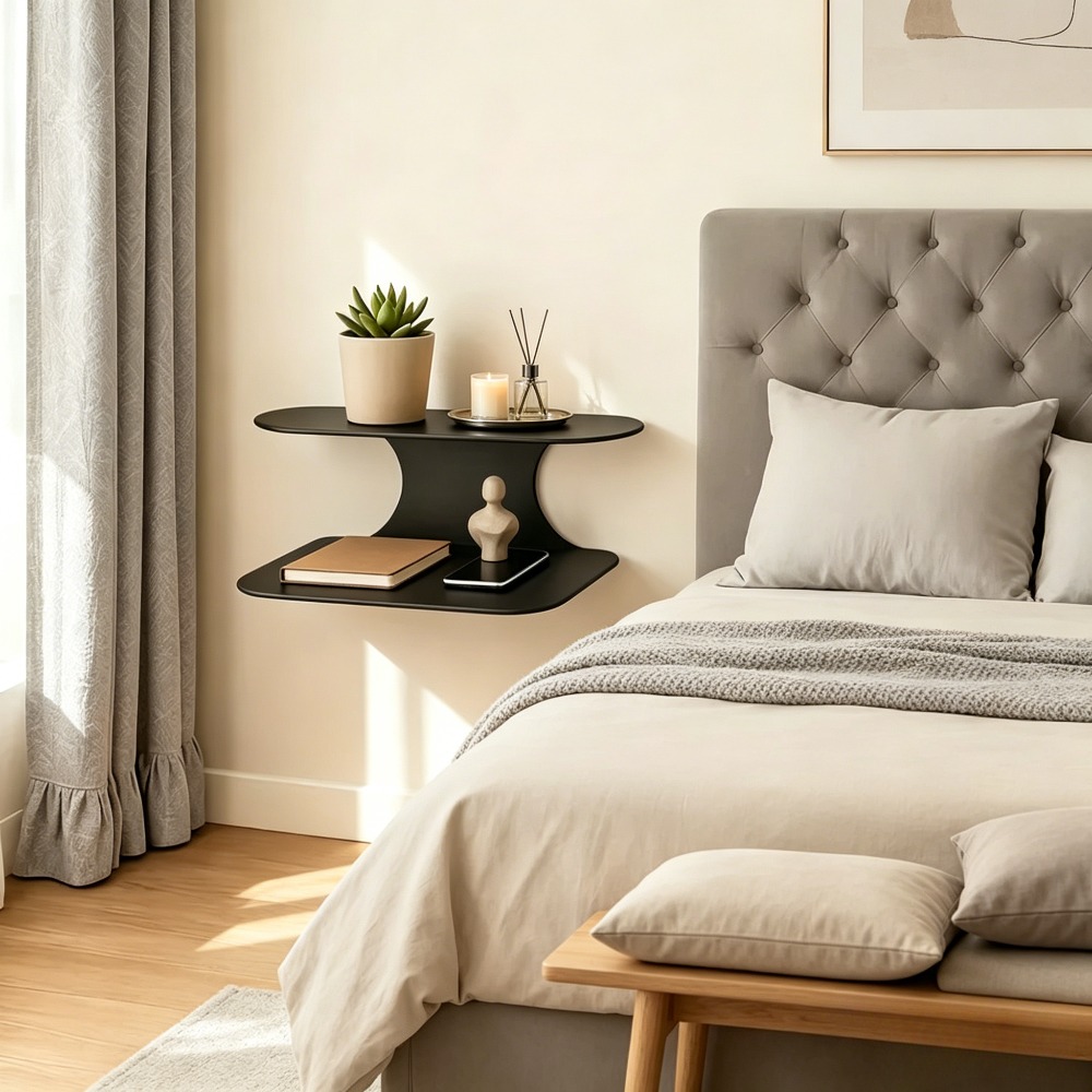 Modern Two-Tier Floating Nightstand - Easy Install Black Wall-Mounted Side Table | Perfect for Bedroom Plants & Books