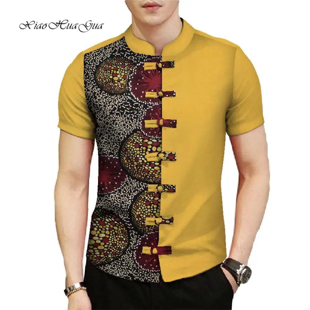 アフリカ服男性因果パーティー男性トップス半袖シャツスタンドネックトップス Tシャツ Dashiki バザンリッシュプリントメンズシャツ WYN773