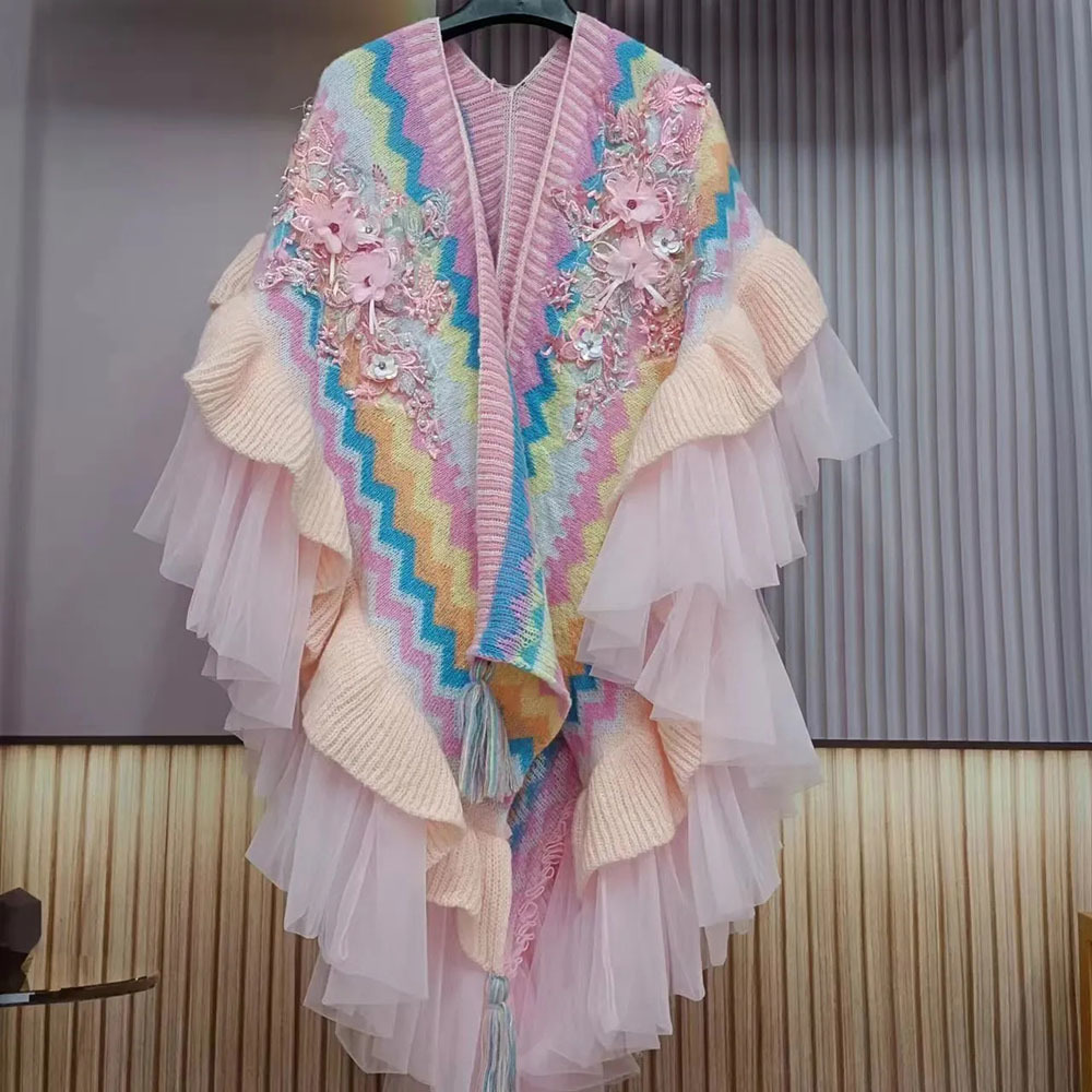 さくらピンクケープコートレディース甘いガーゼ袖ファッション高級ビーズ刺繍ラップスカーフショールマントレインボーセーターポンチョ