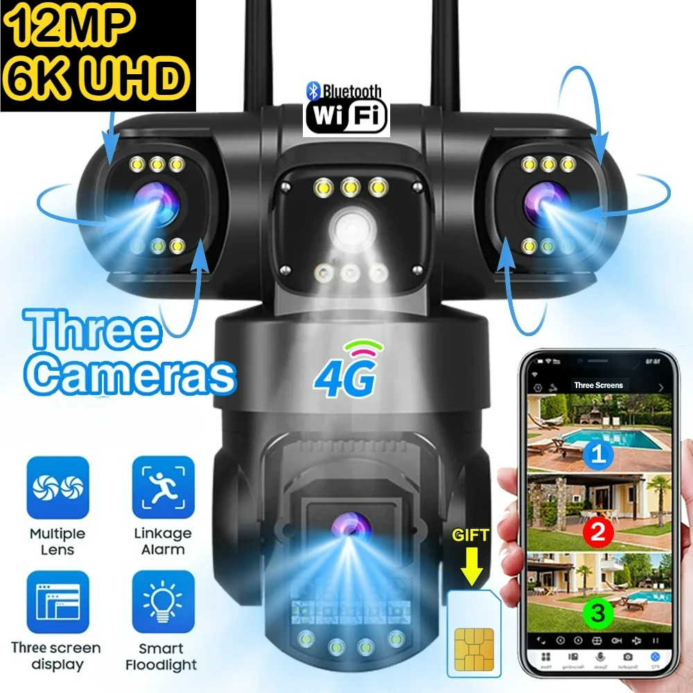 V380Pro 4G カメラ Sim GSM WIFI カム 12MP 6K 3 レンズ 3 スクリーンモニターナイトビジョンセキュリティ PTZ ビデオ監視カメラ