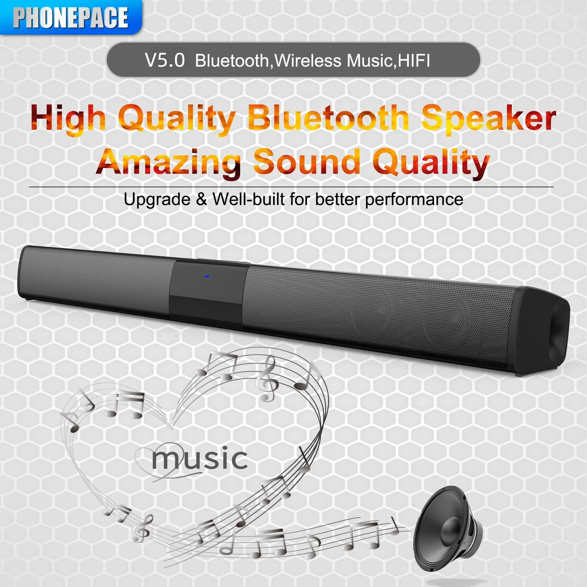 PHONEPACE Bluetooth 5.0 サウンドバー スピーカー、FM/TF/USB 付き HIFI ワイヤレス オーディオ、ホーム シアター用 6 つのサウンド モード