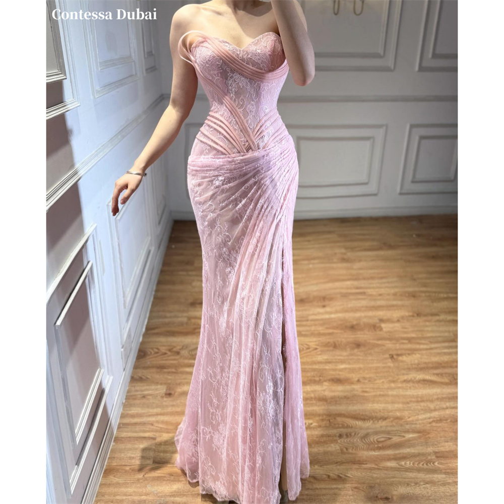 Contessa カスタムピンクレースのイブニングドレスウエディングストラップレス恋人ネックドレスコルセット Vestidos デノーチェハイスリットフォーマルイブニング