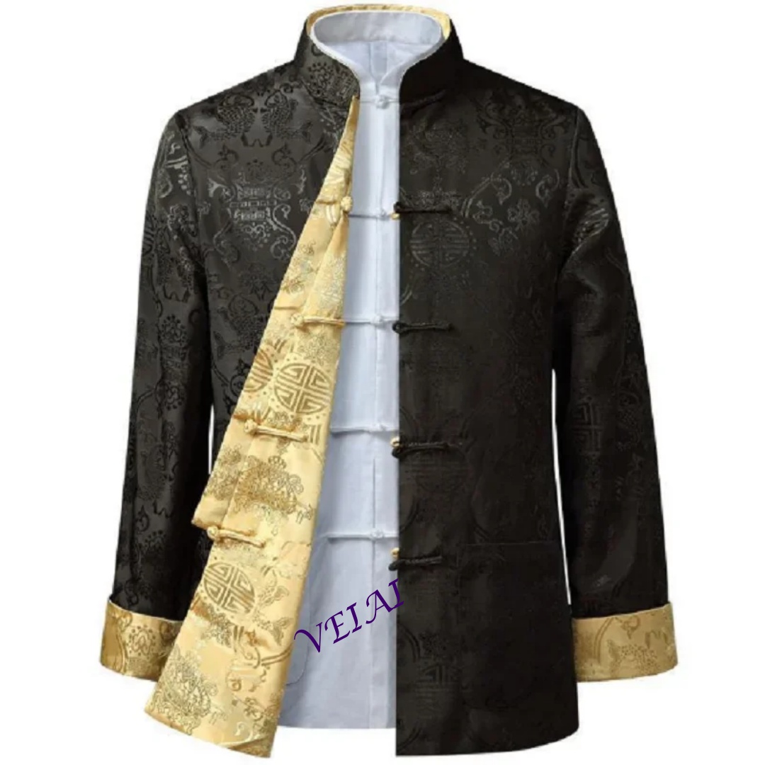 メンズ中国風サテンシルク唐装ジャケット両面長袖カンフーコート漢服服サイズ S-3XL
