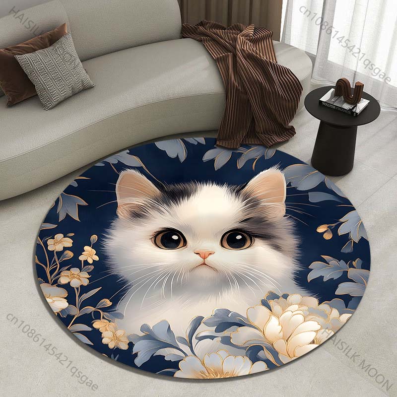 複数のサイズの花、葉、猫のイラストアートプリントラウンドカーペットリビングルームベッドルームテーブルチェアソファ装飾カーペット