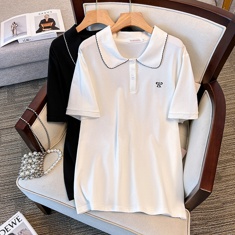 170 キロプラスサイズの女性のバスト 170 夏ルーズポロカラートップ半袖 Tシャツブラックホワイト 4XL 5XL 6XL 7XL 8XL 9XL