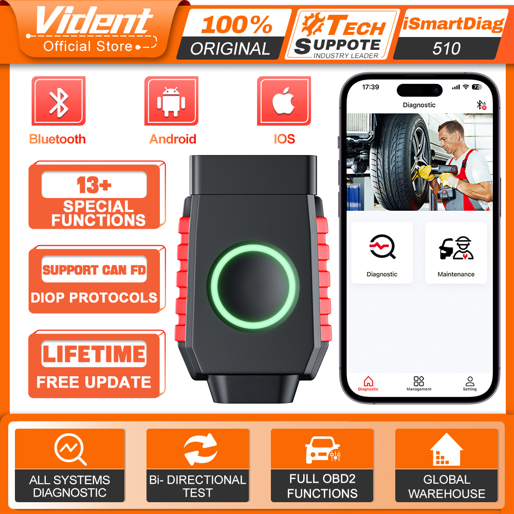 VIDENT ISmartDiag510 OBD2 スキャナー双方向スキャンツール 13 リセット付き CAN FD for GM 全システム診断ツール無料アップデート