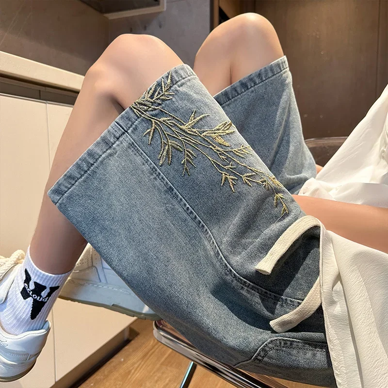 夏 Y2K だぶだぶのジョルト男性 2026 新しい刺繍ショートジーンズパンツヴィンテージワイドレッグバミューダヒップホップストリートデニムショーツ