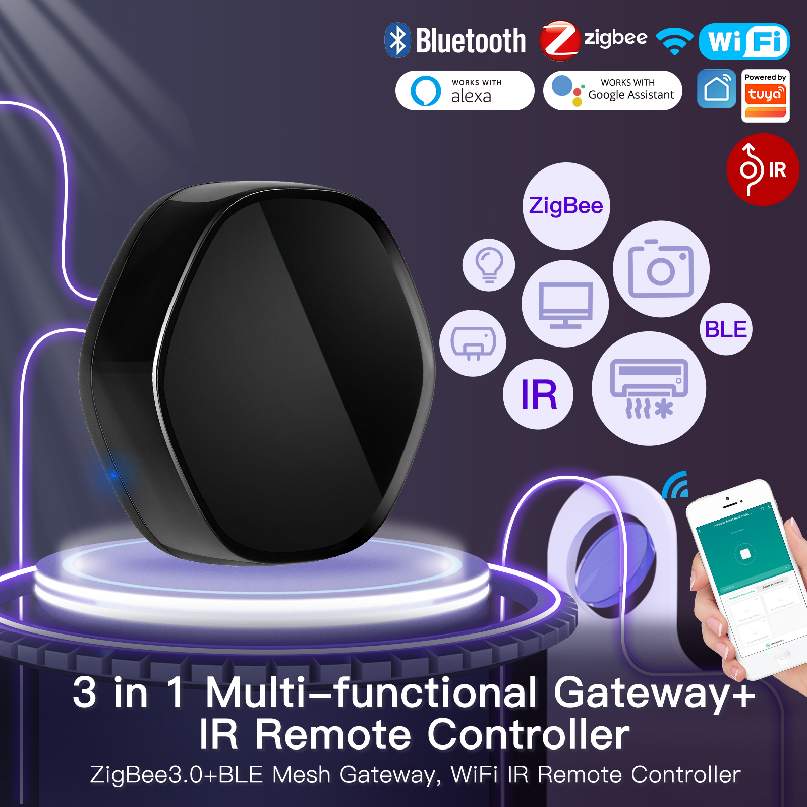MOES Tuya スマート ZigBee マルチモードゲートウェイ Bluetooth メッシュハブ 38K IR リモコン 2in1 音声制御 Alexa Google ホーム用