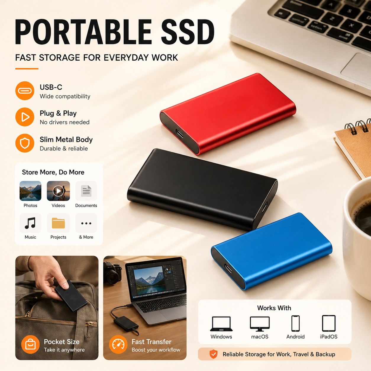 ポータブルソリッドステートドライブ 2TB 大容量ポータブルハードドライブ USB 高速インターフェース PC/Mac/カメラに適しています