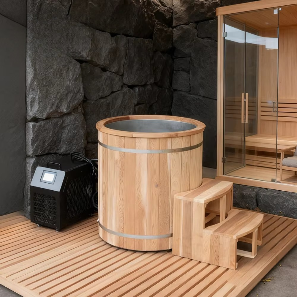 新しいデザインの木製氷浴コールド プランジ浴槽チラーとフィルター 1 人自立式コールド プランジ氷浴槽