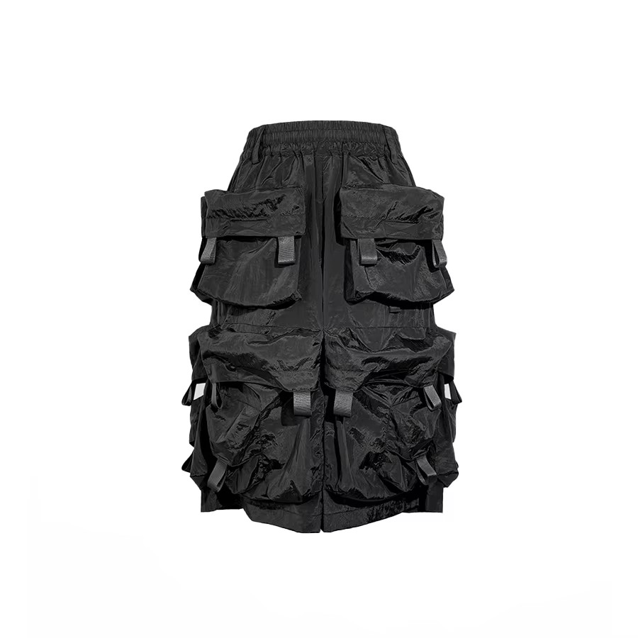 Mauroicardi 春夏クールなハンサムな薄い黒ナイロンカーゴショーツ男性用多くのポケット付き高級エモ Techwear 服 2025