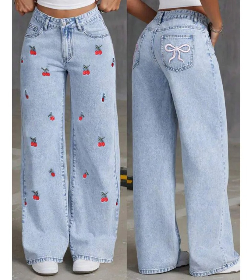 デニムワイドレッグパンツ女性ジーンズ刺繍ハイウエストユーズド加工ウォッシュママポケットヴィンテージ床長ズボンストリート
