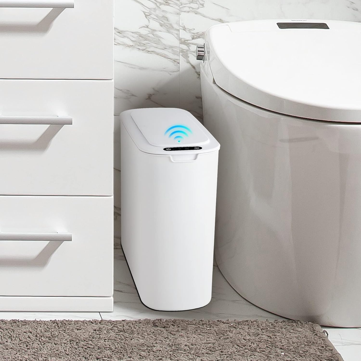 自動モーションセンサー浴室ゴミ箱、2.6ガロンタッチレスゴミ箱、トイレ、オフィス、RV、寝室、リビングルーム用のスリムプラスチックゴミ箱