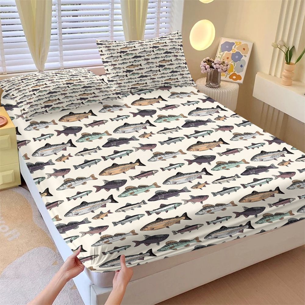 ヴィンテージ淡水魚プリント寝具セットボックスシーツセットソフト通気性ベッドシーツセット寝室寮オールシーズン装飾
