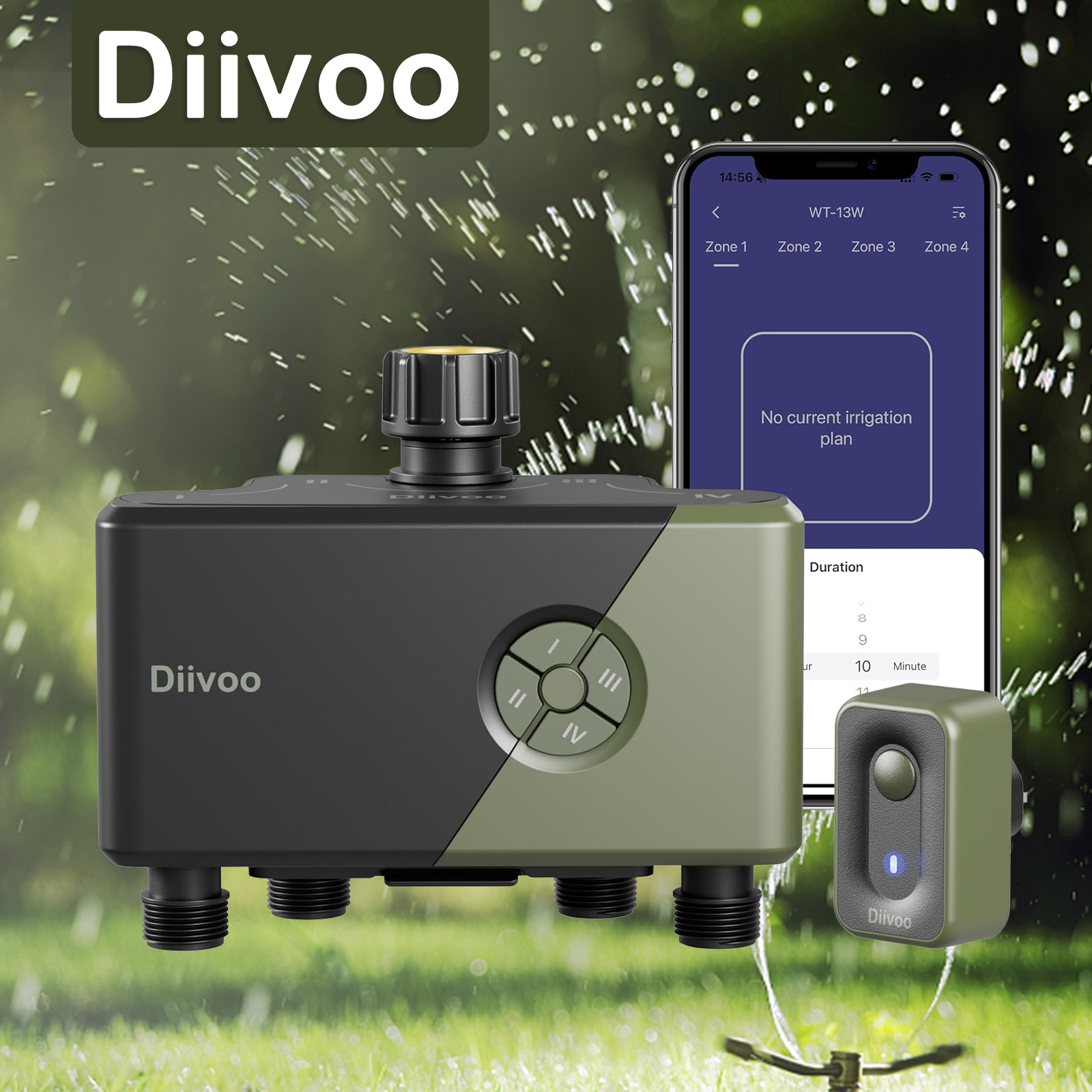 Diivoo ガーデン WiFi 給水タイマー 3/4 ゾーン自動灌漑タイマー散水システムコントローラー雨遅延付き手動散水