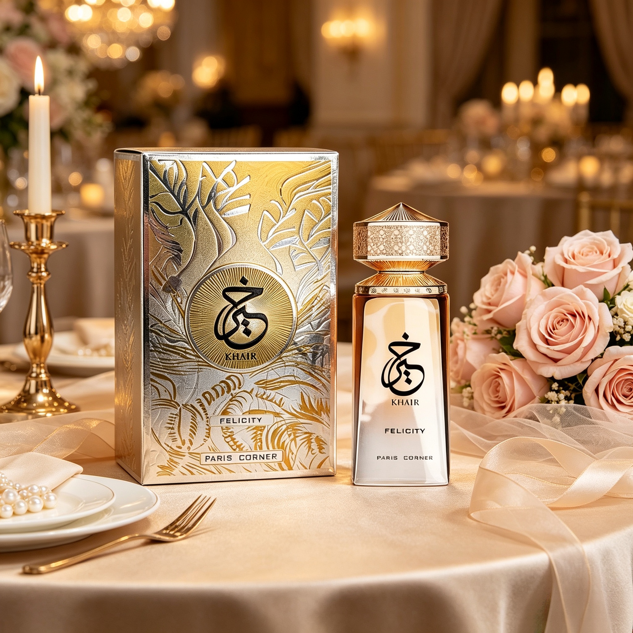 パリ コーナー カヘア フェリシティ ユニセックス EDP グロス グラデーション アンバー スクエア ボトル 複雑なダイヤモンド象嵌ゴールド ピラミッド キャップ エンボス ゴールド シルバー リーフ アラビア書道 ギフト ボックス ウォーム リッチ ハニー ウード ウッディ シーン