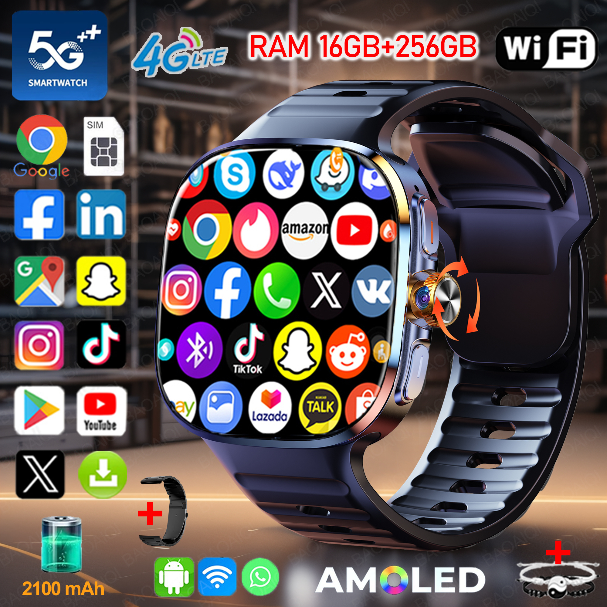 新しい大画面スマートウォッチ 4 グラム/5 グラム SIM カードアンドロイド 10.0 AMOLED 2.4 インチ 900 ワット引き出しスイベルカメラスマートウォッチ 16 ギガバイト 256 ギガバイト RAM