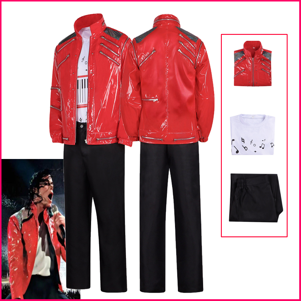 Anime Michael Jackson Beat It Munich 1997 Red PU Leather Jacket Punk Pant Set Rock Stage Disguise Performance Costume for Men