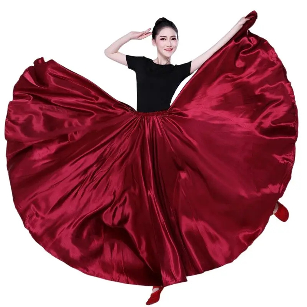 スペインスカートベリーダンススカートシャイニングサテンロングスイングダンススカートサンスカート女性 Vestido ステージパフォーマンス衣装
