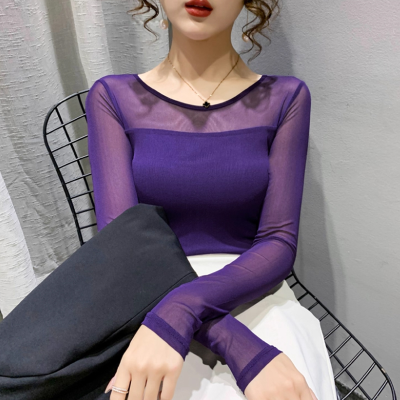 秋冬ラウンドネック Tシャツ女性のセクシーなメッシュ底シャツ長袖無地スリムフィット長袖カジュアルトップス
