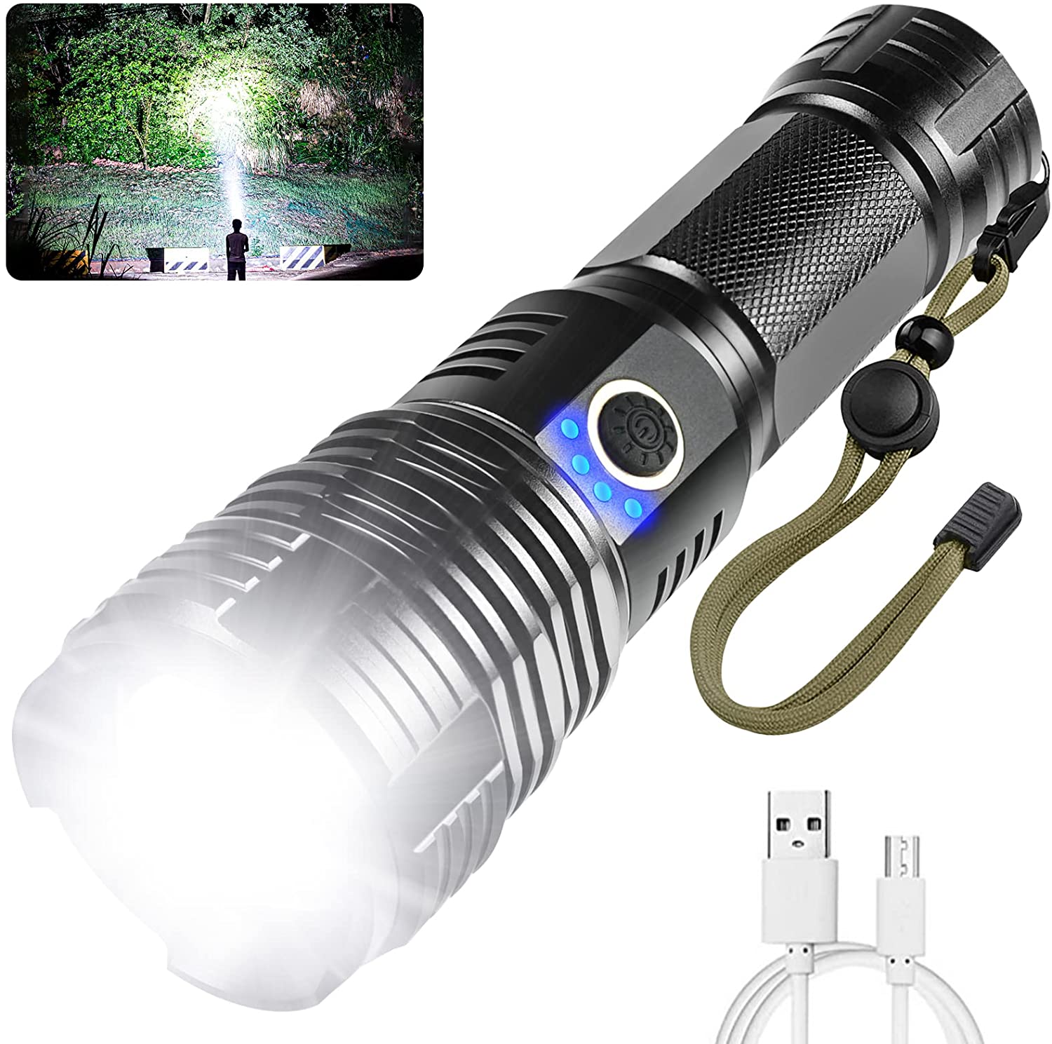 XHP70 LED 懐中電灯 5 モード懐中電灯ズーム可能 IPX5 防水 USB 充電トーチライト 90000 ルーメン屋外キャンプ用