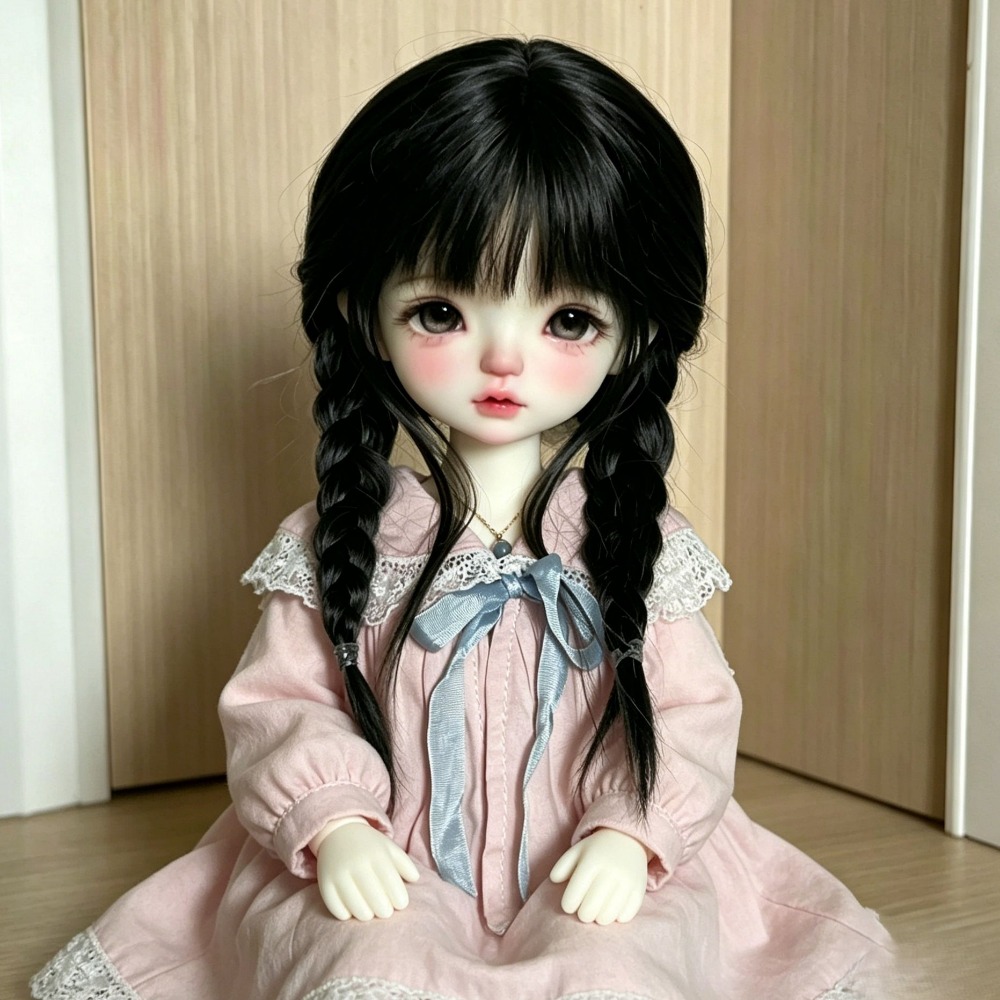 かわいい黒フルバンダブル三つ編みウィッグ 1/3 1/4 1/6 BJD 人形耐熱フィット 15.5-23 センチメートルヘッド人形アクセサリー
