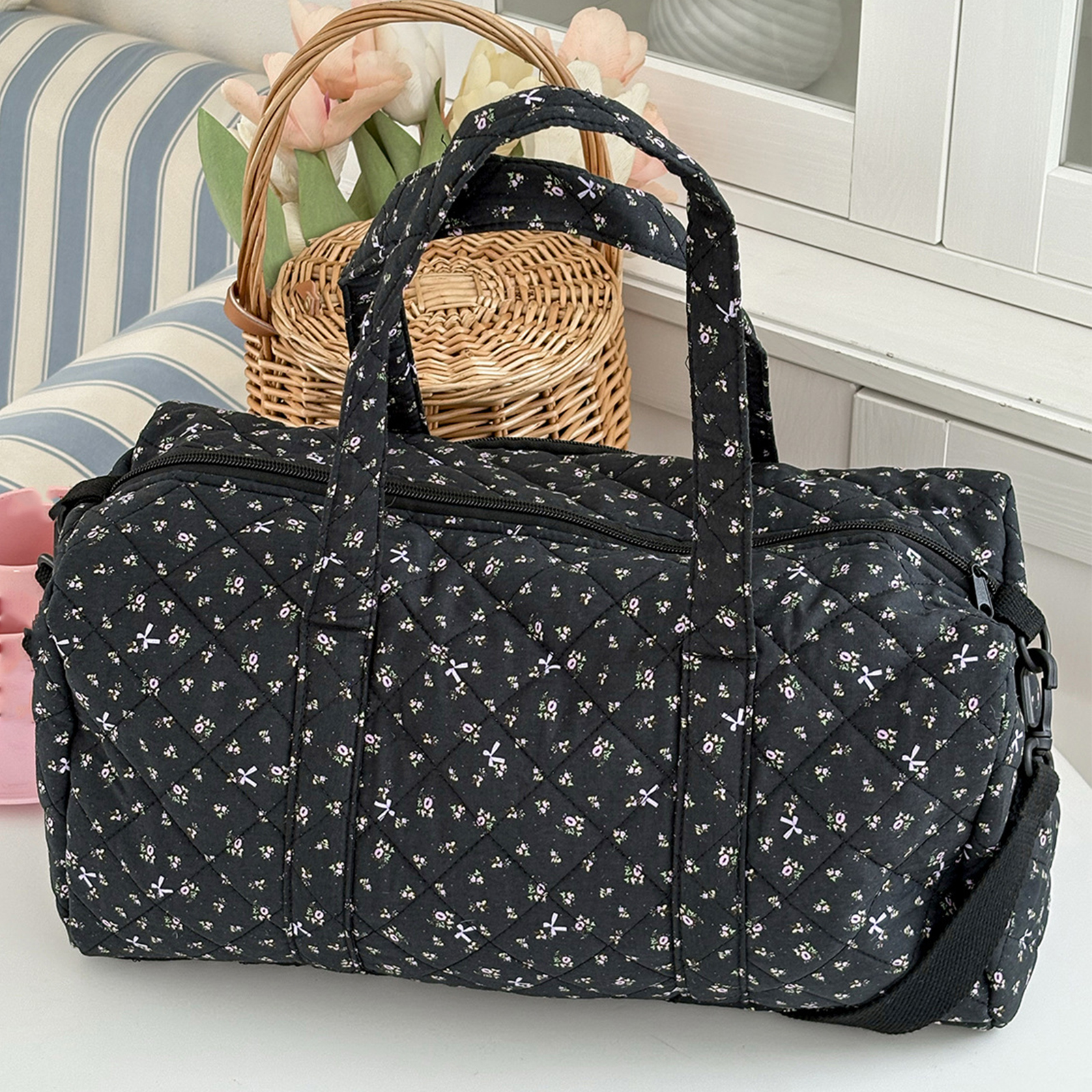 コットンキルティングダッフルバッグ ジッパー付き ジムバッグ 花柄トートバッグ 女性用 週末旅行ショッピング
