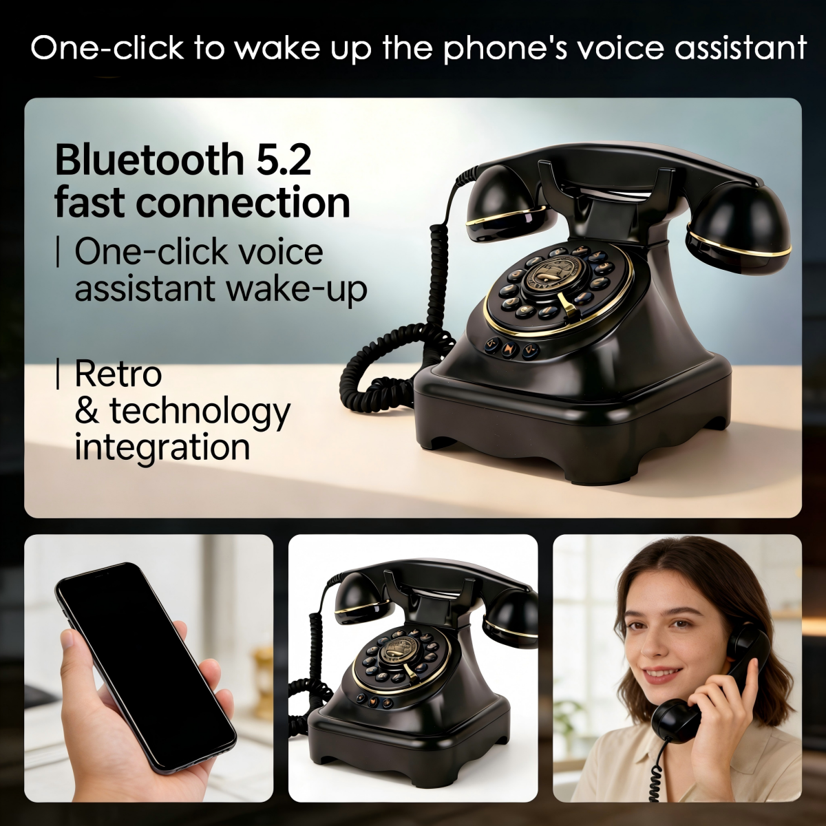ビンテージレトロBluetooth電話スピーカー、ワイヤレスBT5.2、ワンキー音声アシスタントコントロール、ホームデコレーション用