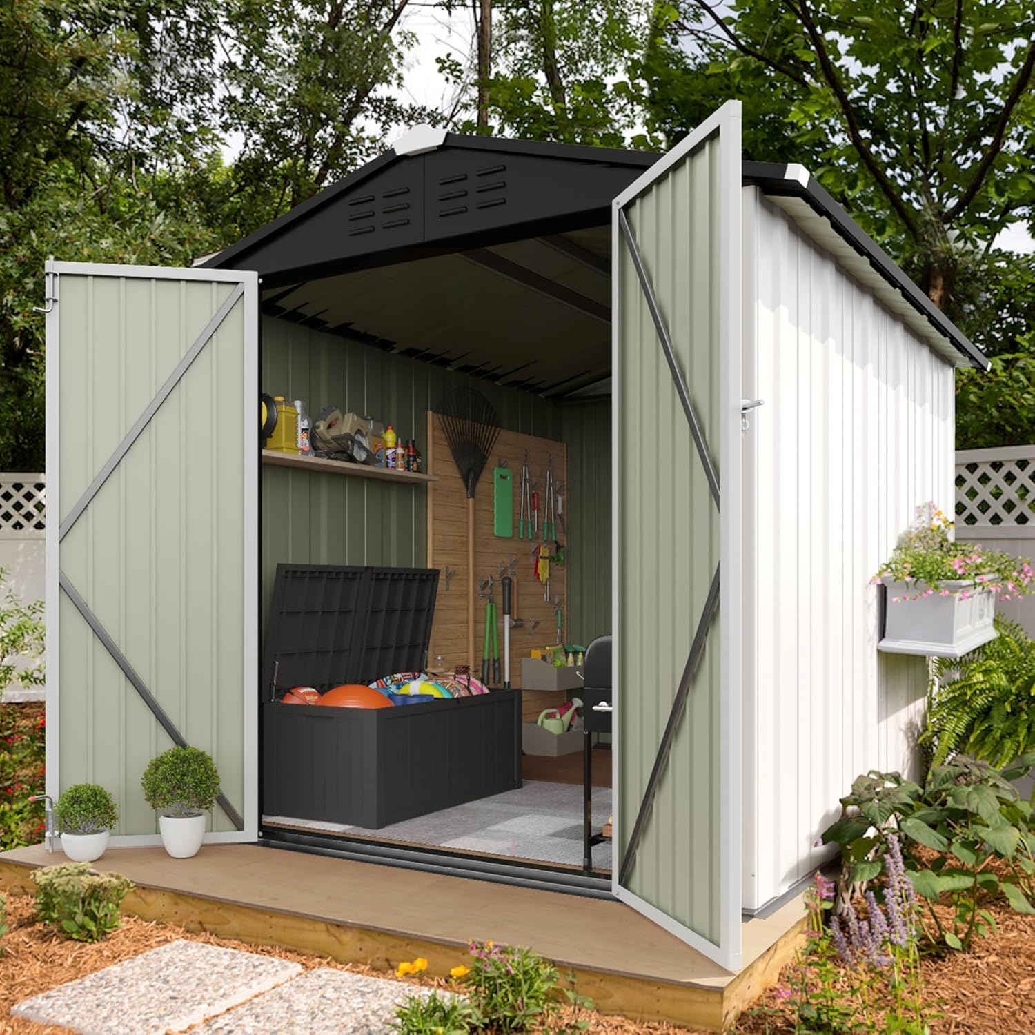 防水金属収納小屋ロック可能なドアユーティリティツール屋外裏庭パティオ芝生6x8フィートホワイト、カスタム