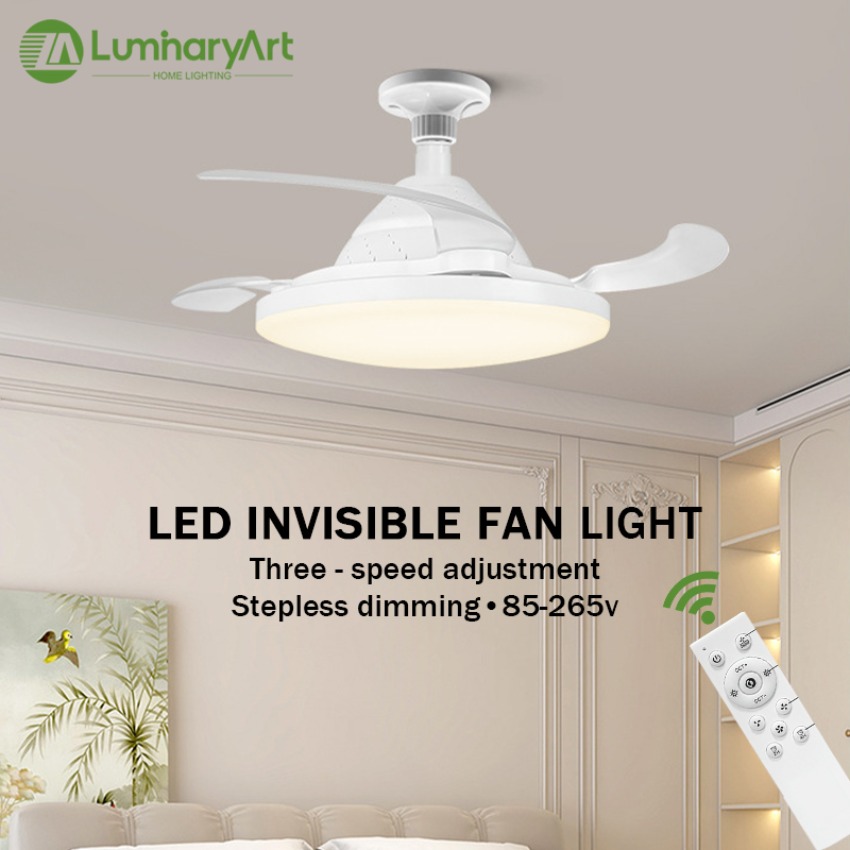 LED シーリングファンライト目に見えない格納式ブレードファンサイレントリモコン時限調光寝室リビングルームファン照明