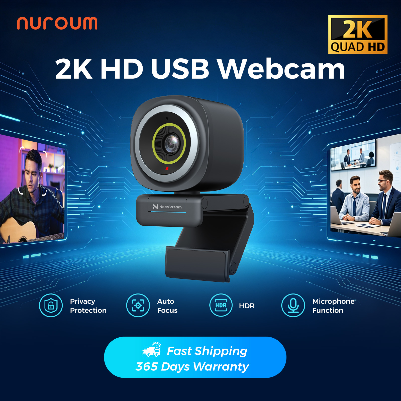 NearStream 1080P@60FPS USBウェブカメラ、AIノイズキャンセリングマイク搭載、ソフトウェアオートフォーカス、PCカメラ、マイク付き、プラグアンドプレイ